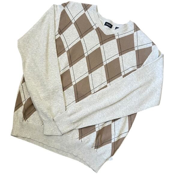 Y2K Vintage IZOD Argyle Sweater Size M Men VNeck Gray Tan Cotton Academia Preppy - Picture 1 of 17